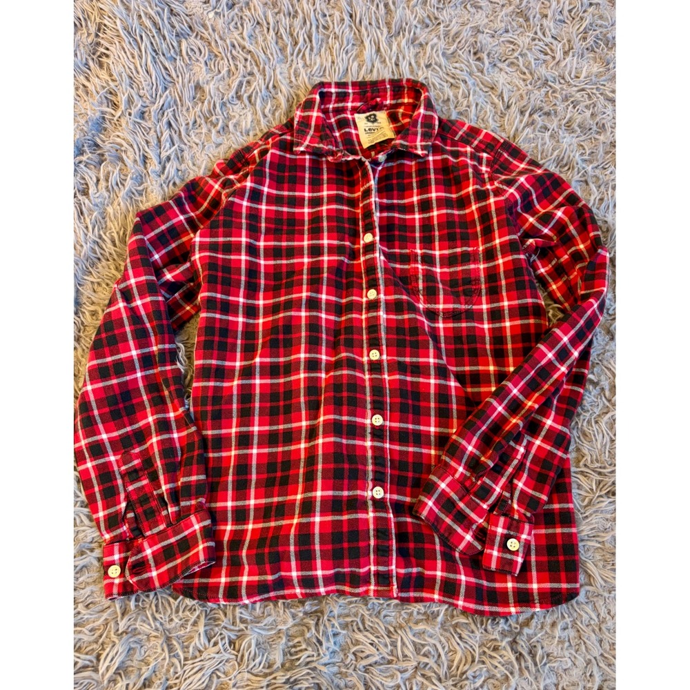 Levis Mens‎ XL Red Black Plaid Flannel Button Down Shirt Long Sleeve Cotton Top